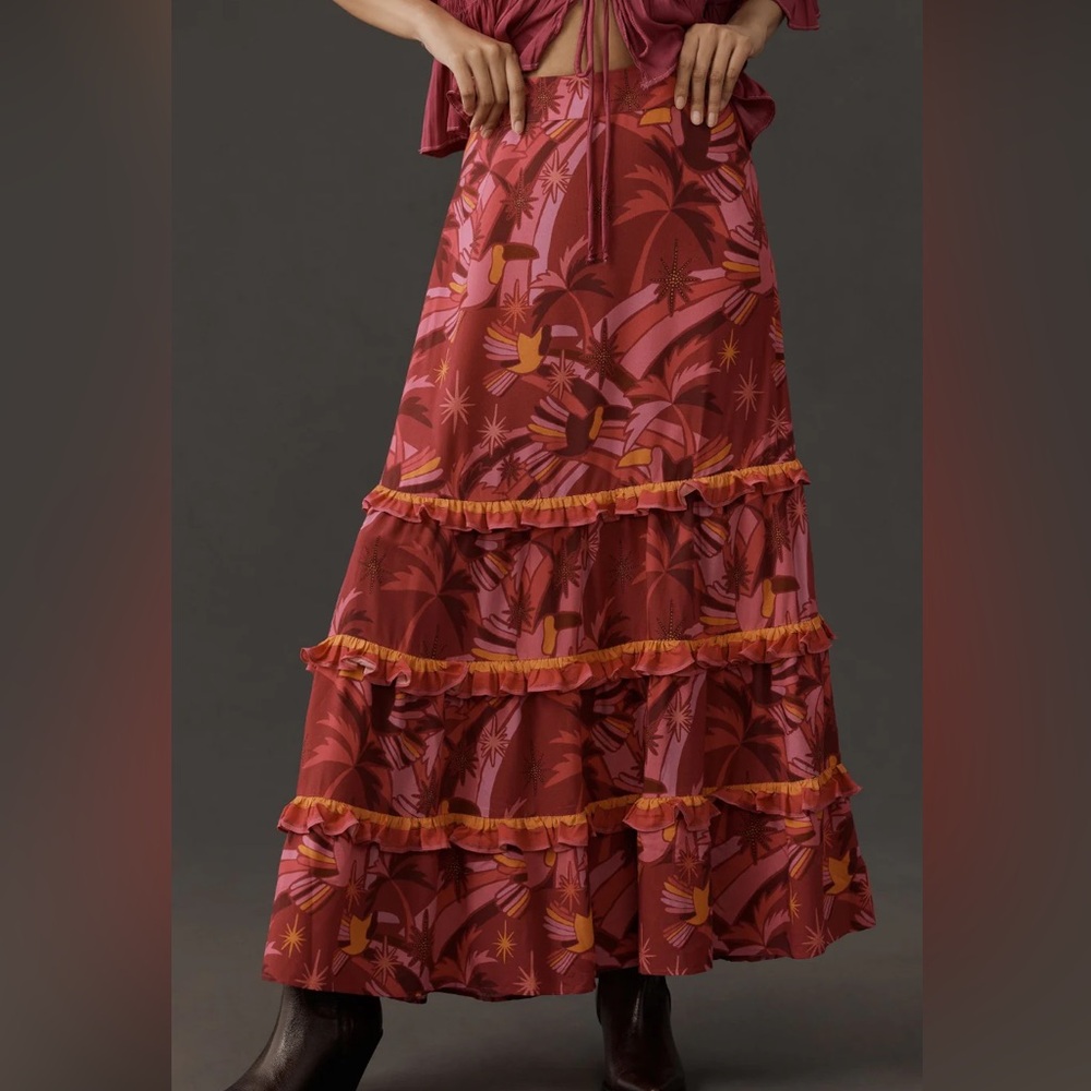 Farm Rio NWT Shirred Tiered Maxi Skirt Pink Combo Sz XL Anthropologie